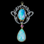 Vintage Opal Diamond Ruby Pendant Silver Gold With Box
