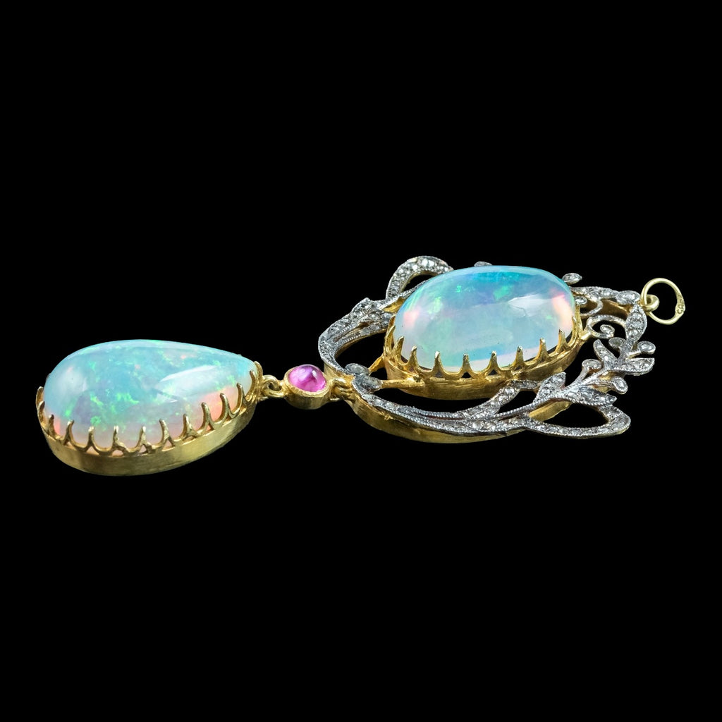 Vintage Opal Diamond Ruby Pendant Silver Gold With Box