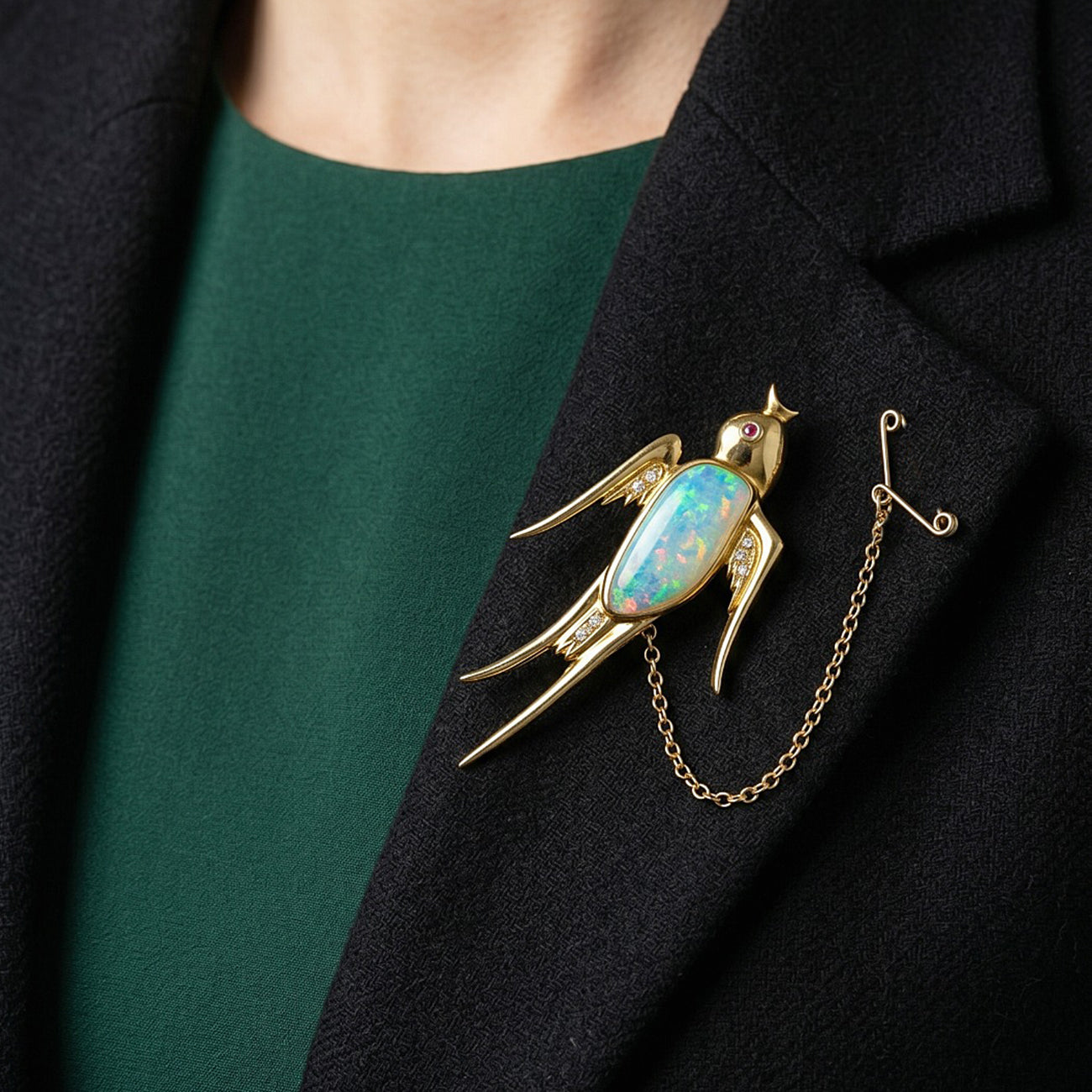 Vintage Opal Diamond Swallow Bird Brooch 18ct Gold Secondary image