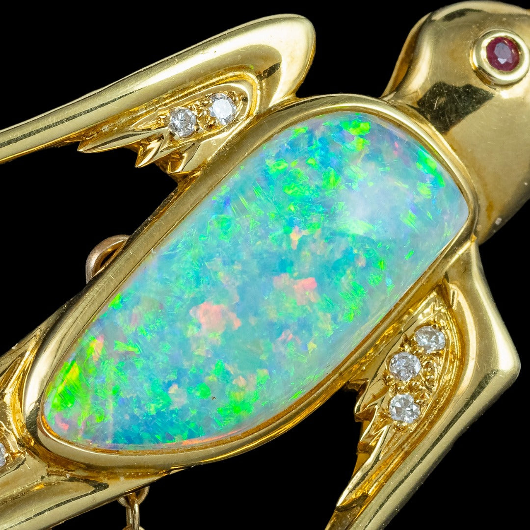 Vintage Opal Diamond Swallow Bird Brooch 18ct Gold