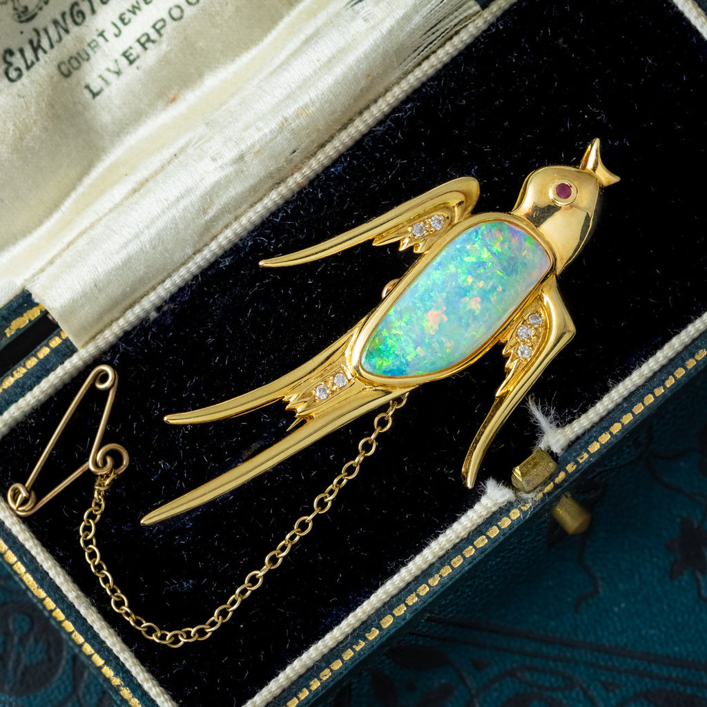 Vintage Opal Diamond Swallow Bird Brooch 18ct Gold