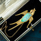 Vintage Opal Diamond Swallow Bird Brooch 18ct Gold