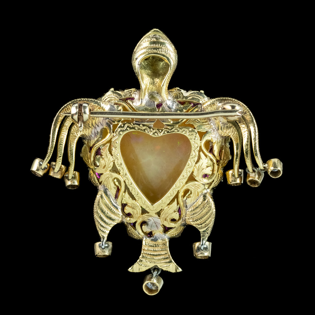 Vintage Opal Ruby Diamond Turtle Heart Brooch 18ct Gold Made By Nardi
