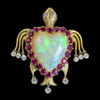 Vintage Opal Ruby Diamond Turtle Heart Brooch 18ct Gold Made By Nardi