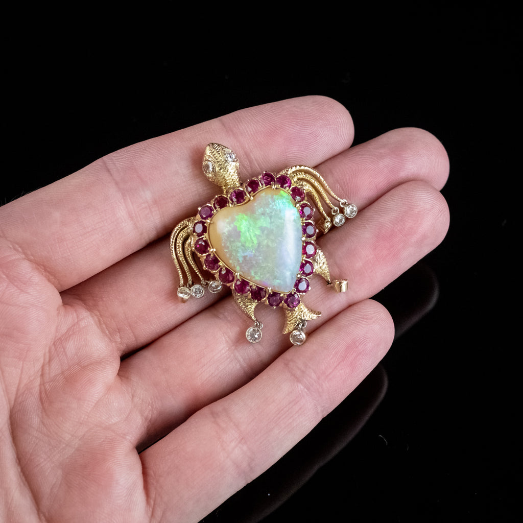 Vintage Opal Ruby Diamond Turtle Heart Brooch 18ct Gold Made By Nardi