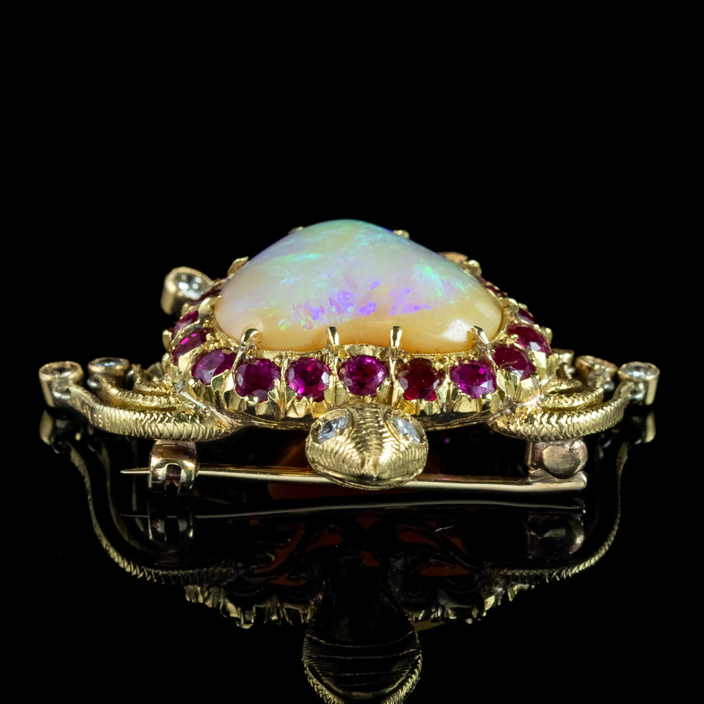 Vintage Opal Ruby Diamond Turtle Heart Brooch 18ct Gold Made By Nardi