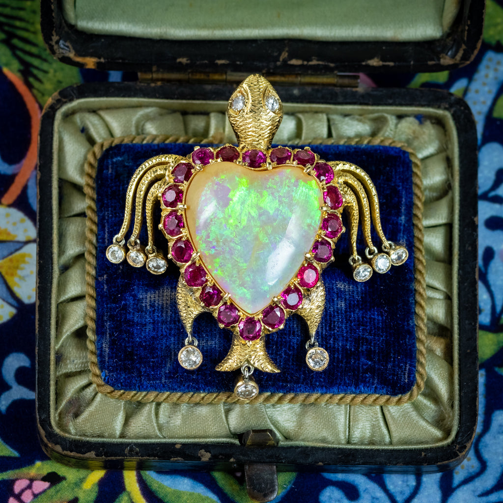Vintage Opal Ruby Diamond Turtle Heart Brooch 18ct Gold Made By Nardi