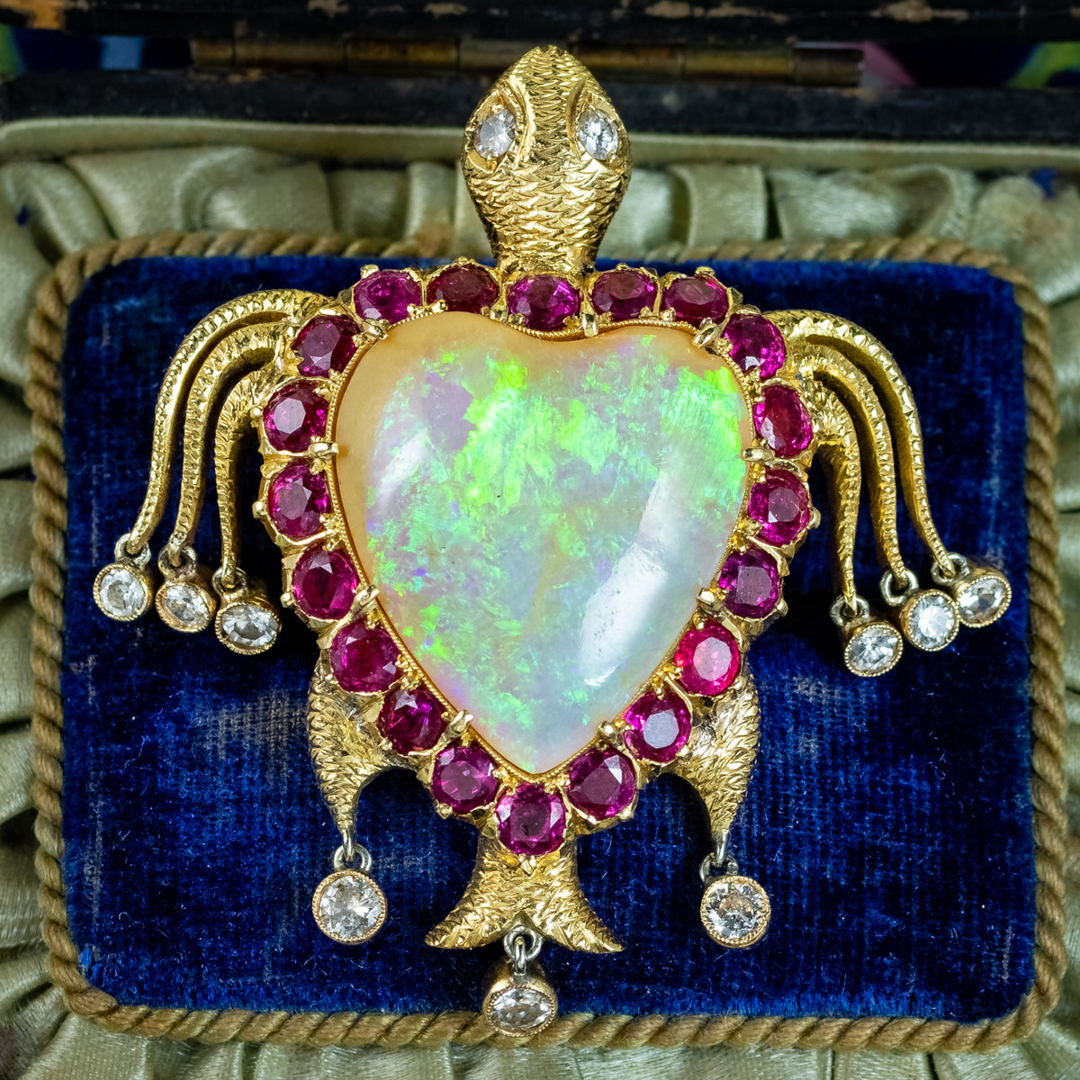 Vintage Opal Ruby Diamond Turtle Heart Brooch 18ct Gold Made By Nardi