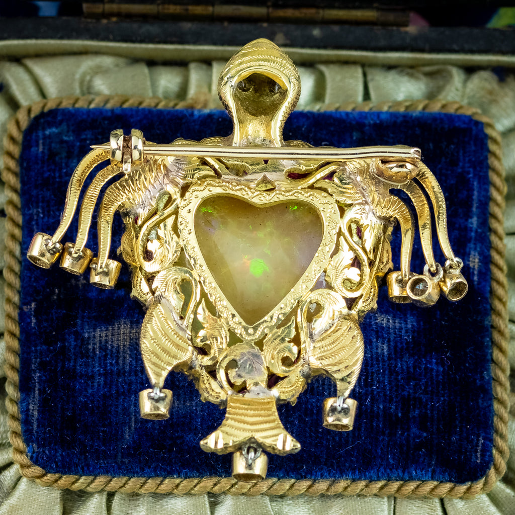 Vintage Opal Ruby Diamond Turtle Heart Brooch 18ct Gold Made By Nardi