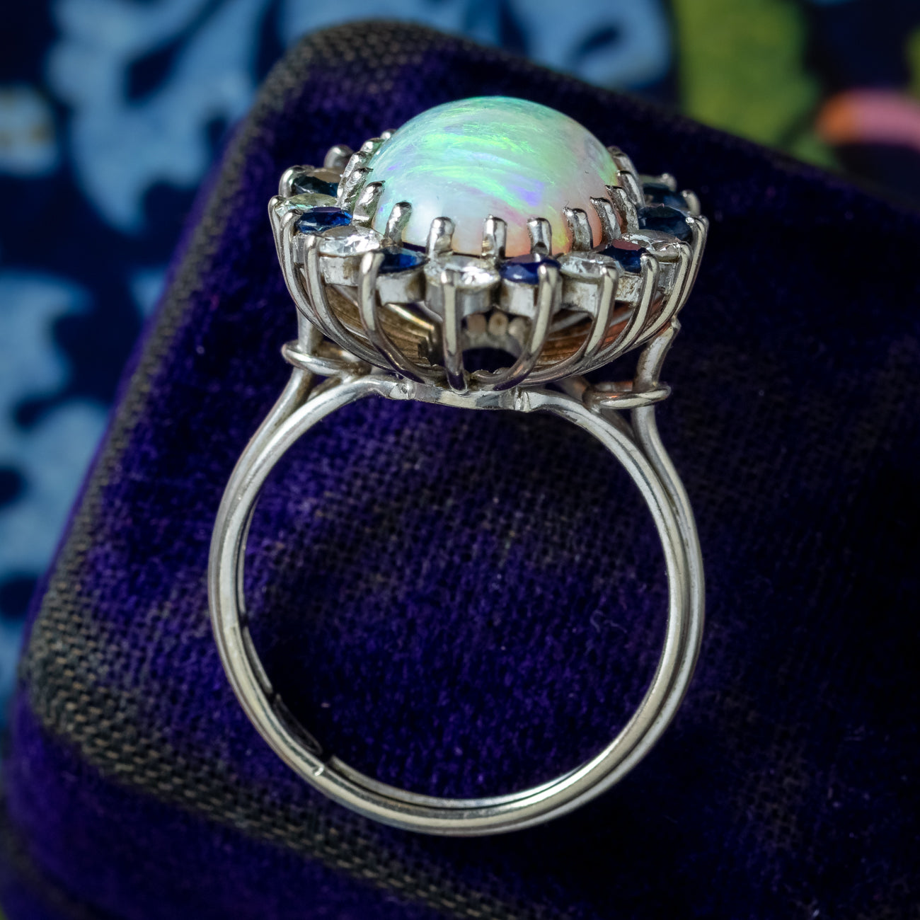Vintage Opal Sapphire Diamond Cluster Cocktail Ring 6ct Opal 