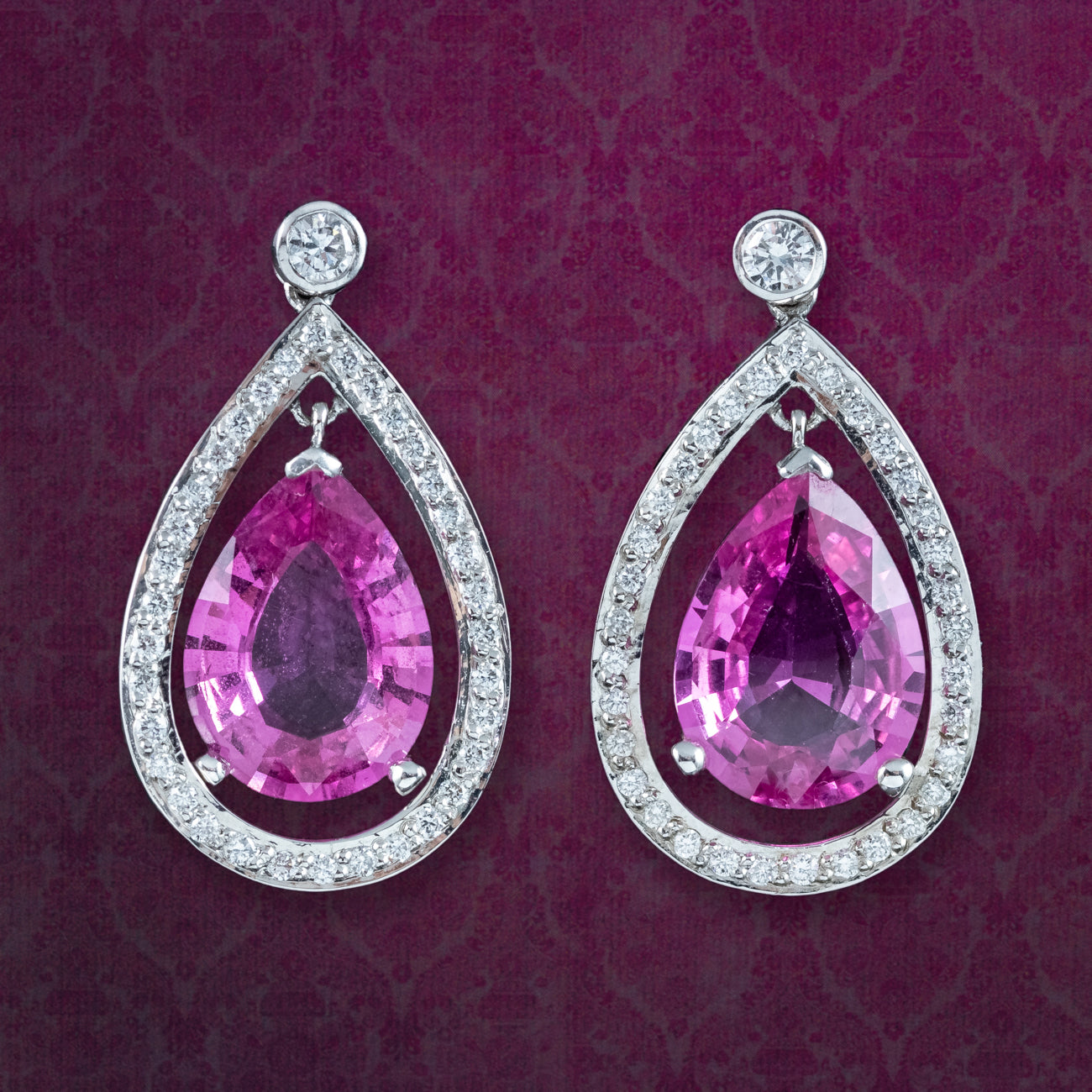 Vintage Pink Sapphire Diamond Teardrop Earrings 18ct Gold 8ct Sapphire Main image