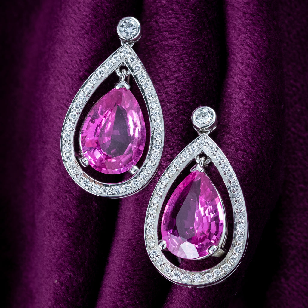Vintage Pink Sapphire Diamond Teardrop Earrings 18ct Gold 8ct Sapphire