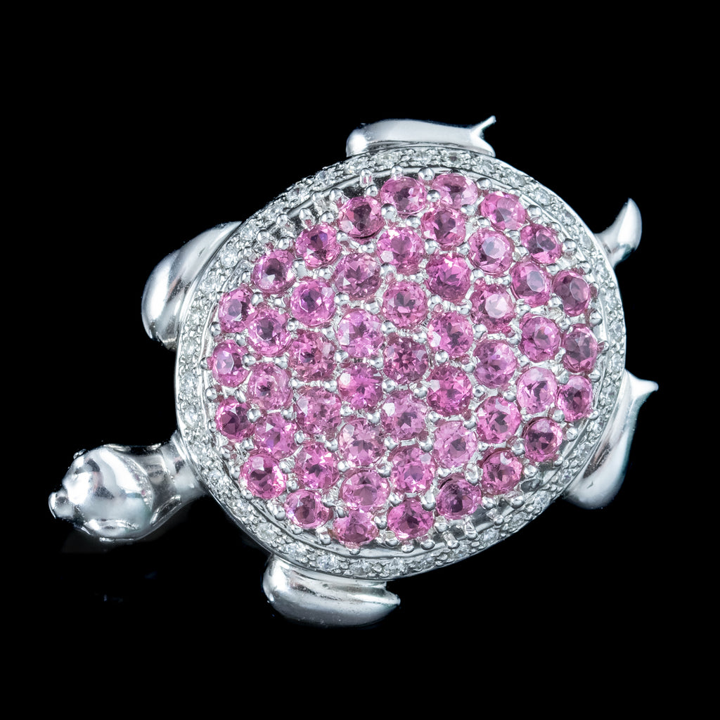 Vintage Pink Tourmaline Diamond Turtle Brooch 18ct Gold 