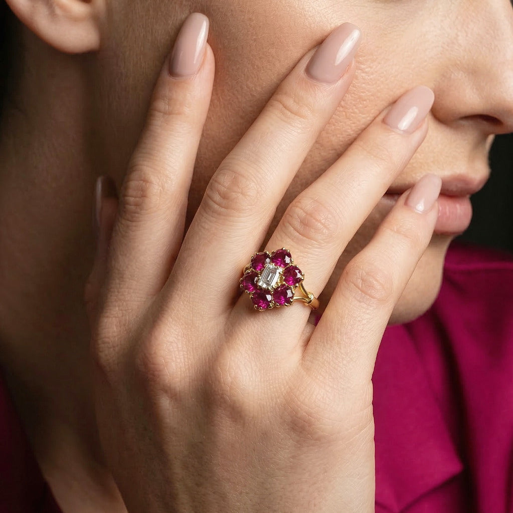 Vintage Ruby Diamond Cluster Ring 1.8ct Ruby 0.30ct Diamond