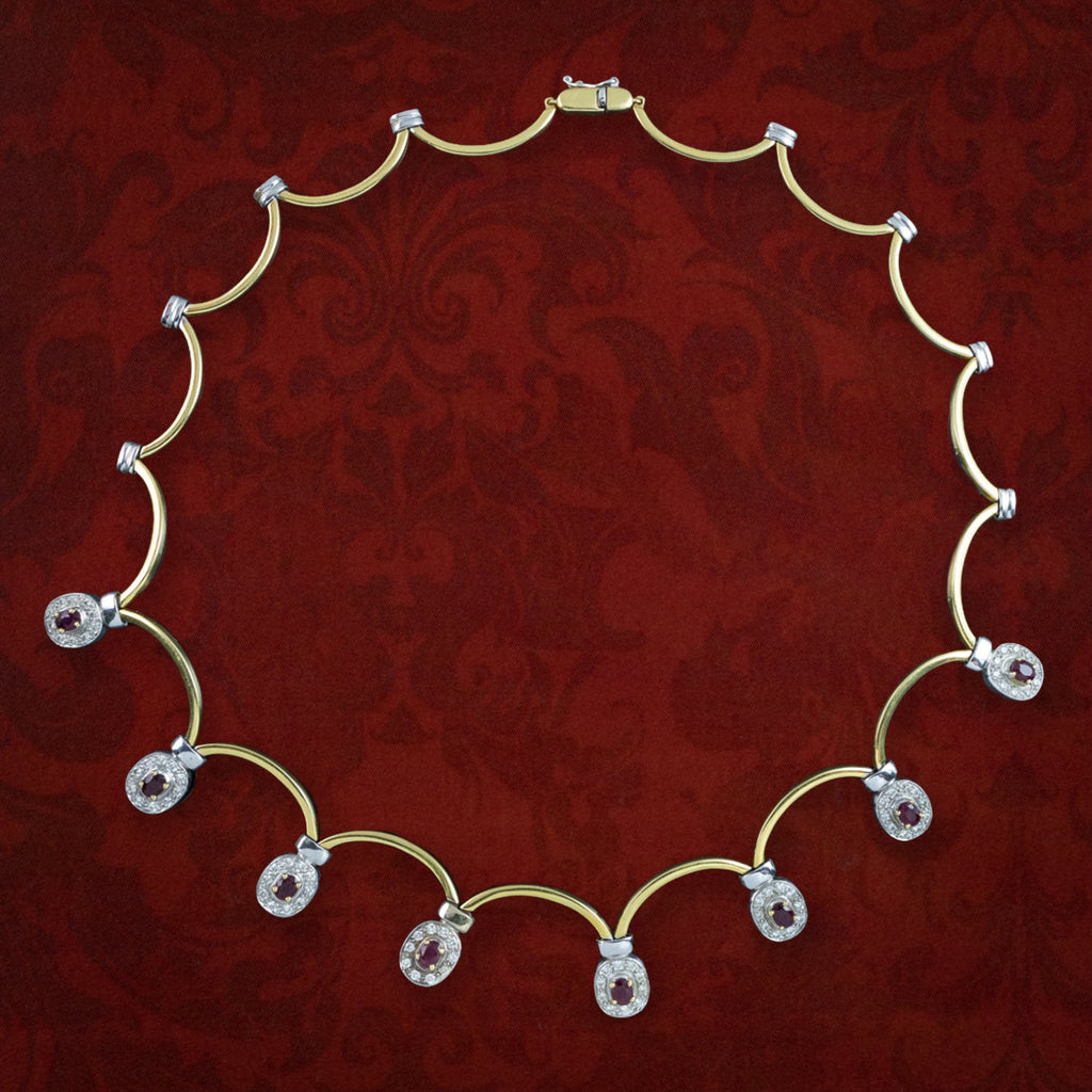 Vintage Ruby Diamond Collar Necklace Two Tone 18ct Gold