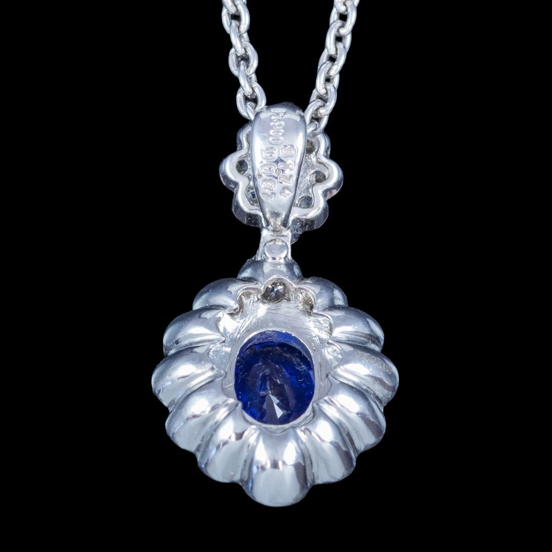 Vintage Sapphire Diamond Pendant Necklace Platinum 1.74ct Blue Sapphire