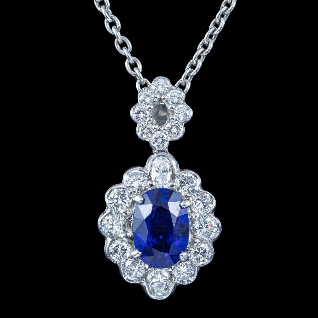 Vintage Sapphire Diamond Pendant Necklace Platinum 1.74ct Blue Sapphire