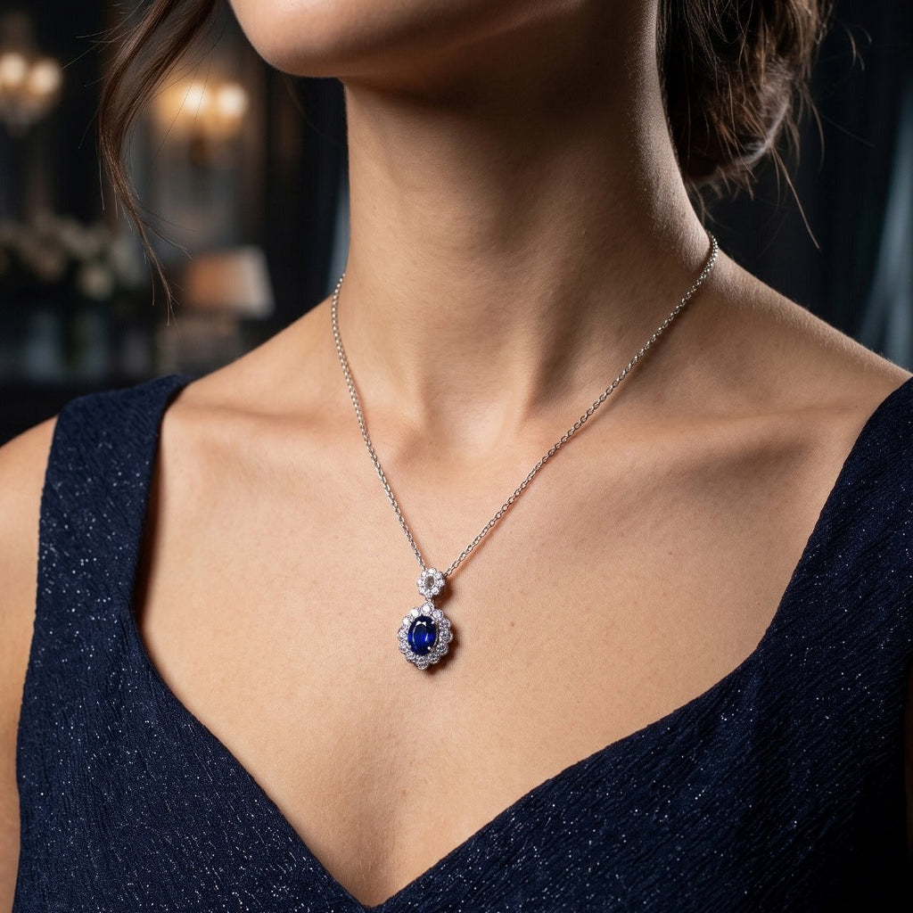 Vintage Sapphire Diamond Pendant Necklace Platinum 1.74ct Blue Sapphire