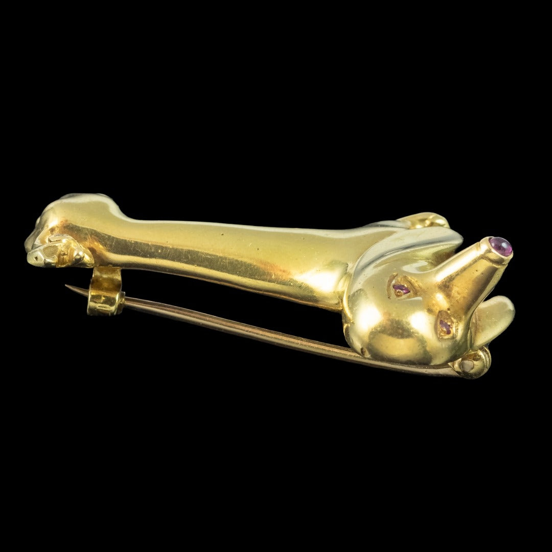 Vintage Dachshund Brooch 18ct Gold Ruby Diamond