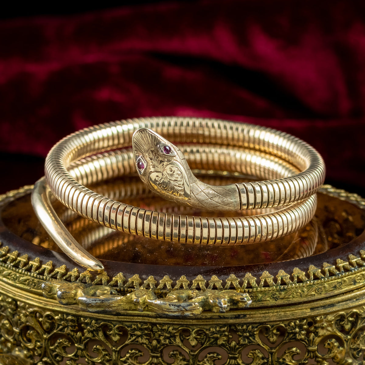 Vintage Snake Bangle 9ct Gold Ruby Eyes Dated 1958