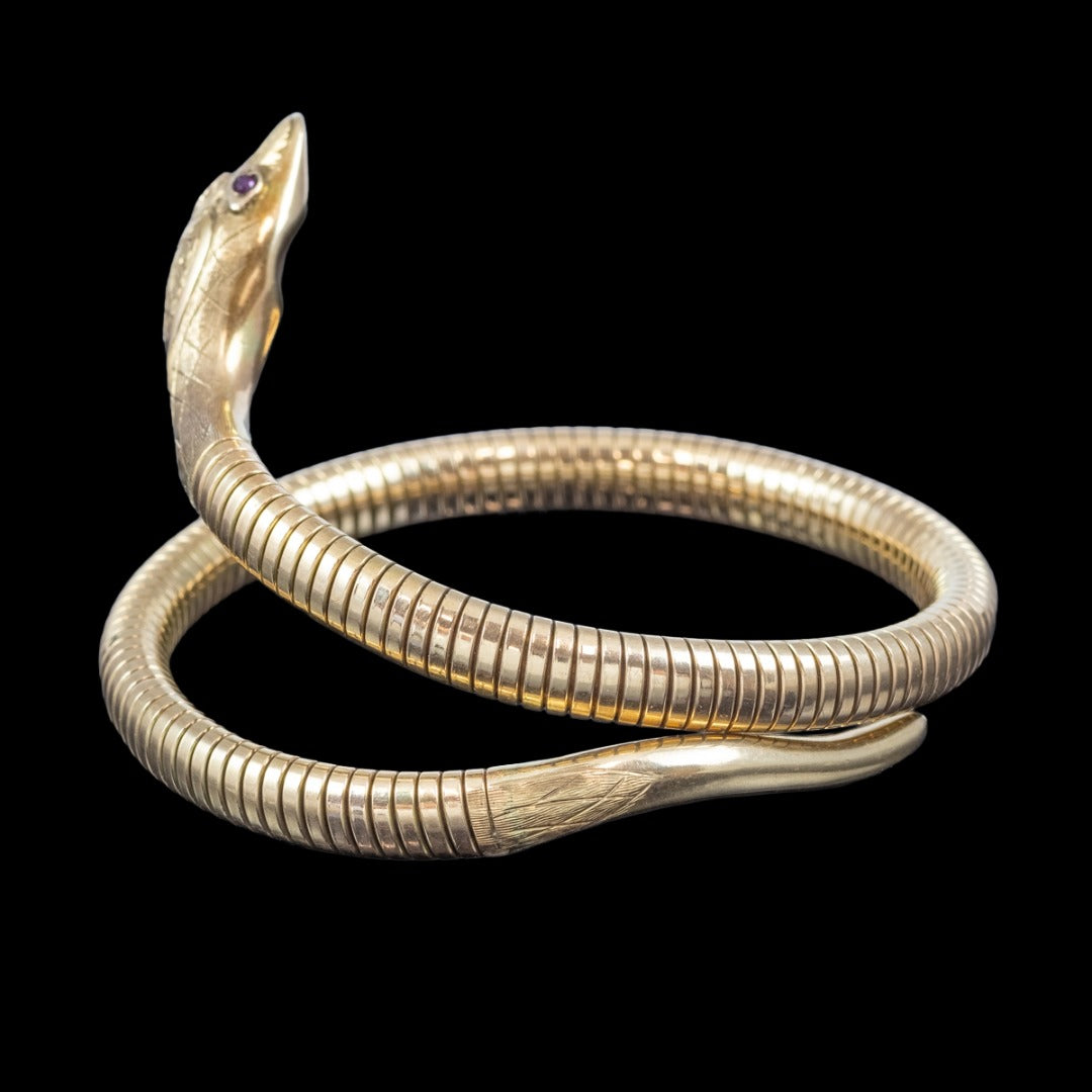 Vintage Snake Bangle 9ct Gold Ruby Eyes Smith And Pepper Dated 1958