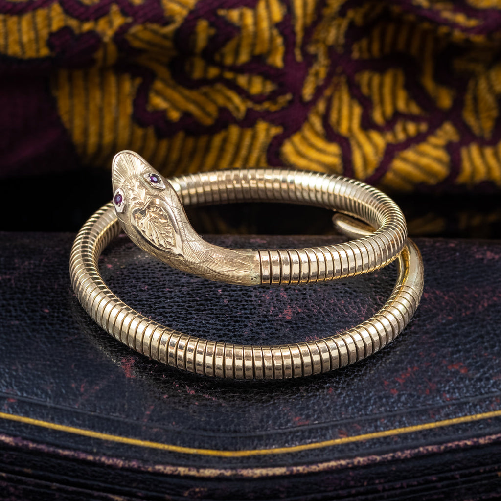 Vintage Snake Bangle 9ct Gold Ruby Eyes Smith And Pepper Dated 1958