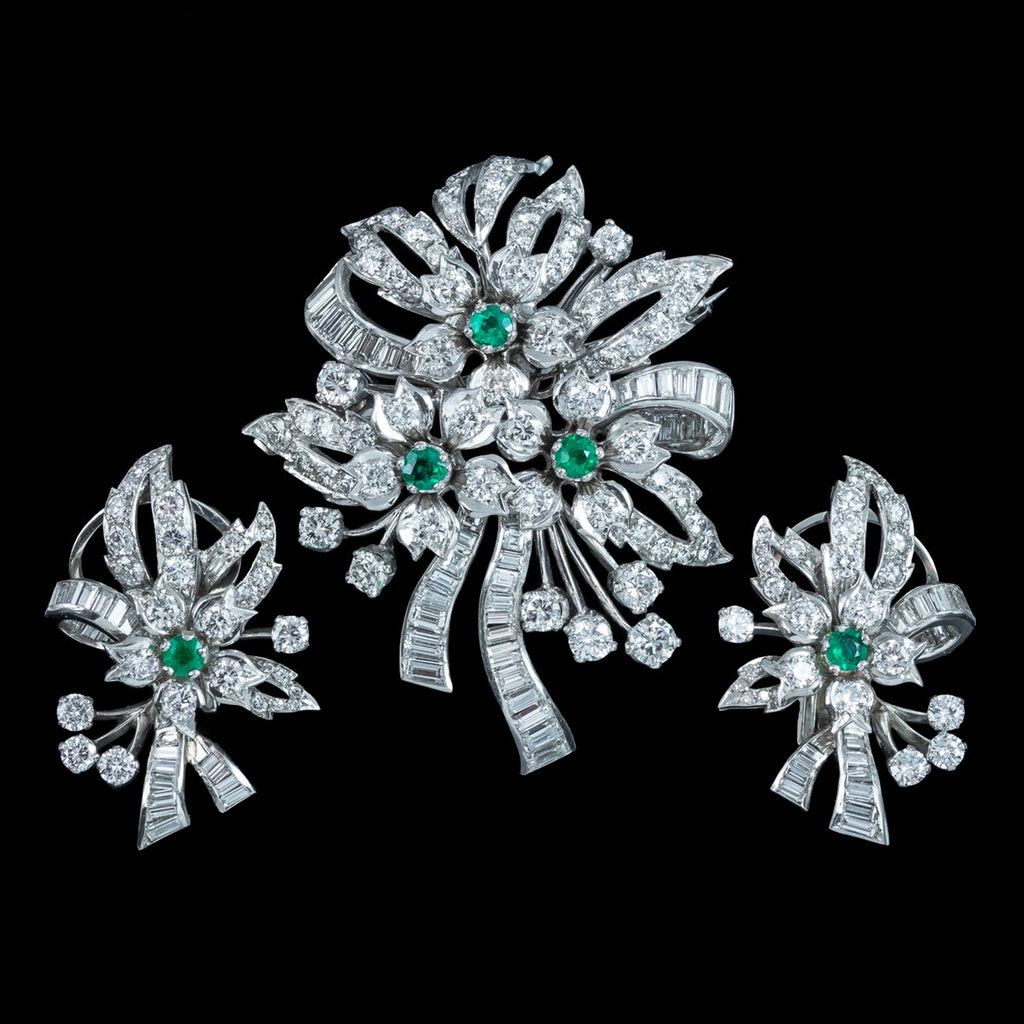 Vintage Spray Brooch And Earrings Suite Diamond Emerald Platinum With Box
