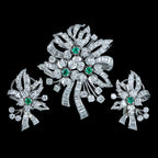 Vintage Spray Brooch And Earrings Suite Diamond Emerald Platinum With Box