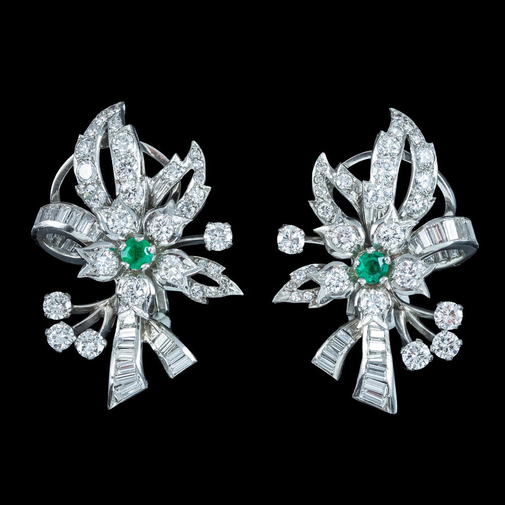Vintage Spray Brooch And Earrings Suite Diamond Emerald Platinum With Box
