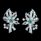 Vintage Spray Brooch And Earrings Suite Diamond Emerald Platinum With Box