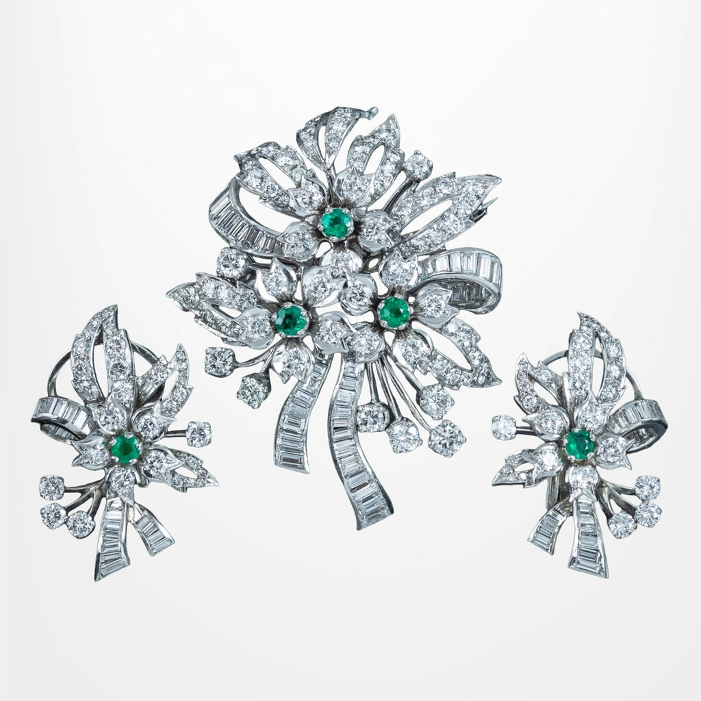 Vintage Spray Brooch And Earrings Suite Diamond Emerald Platinum With Box