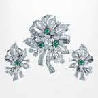 Vintage Spray Brooch And Earrings Suite Diamond Emerald Platinum With Box