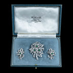 Vintage Spray Brooch And Earrings Suite Diamond Emerald Platinum With Box