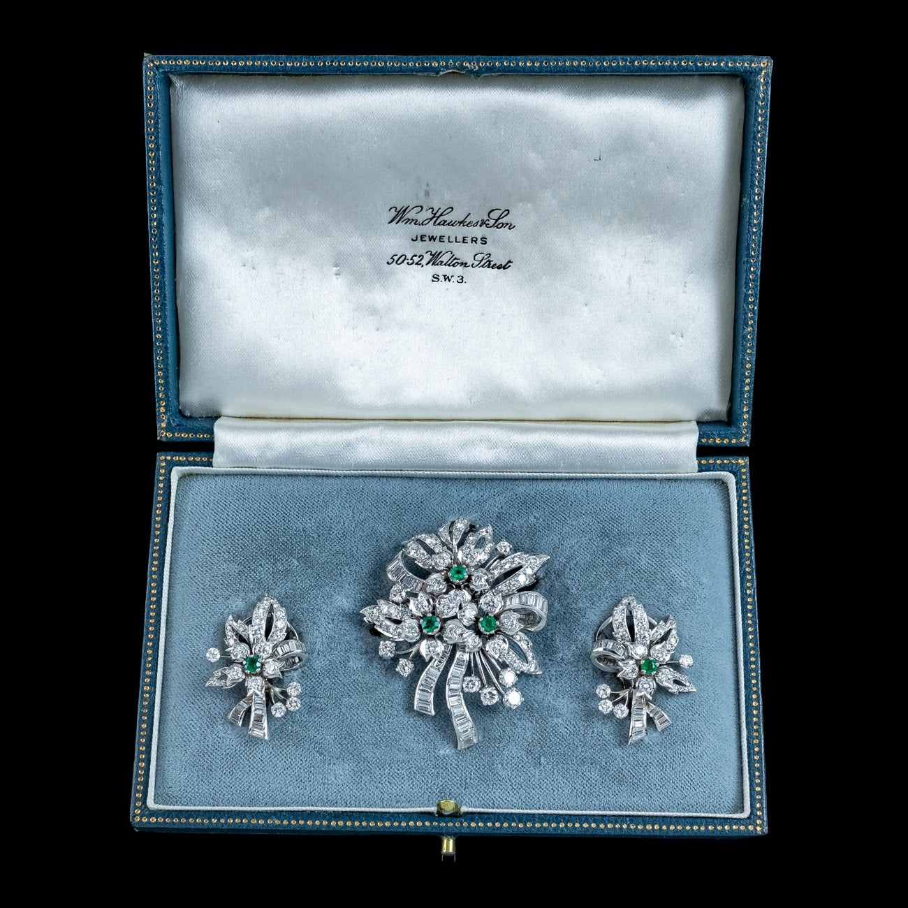 Vintage Spray Brooch And Earrings Suite Diamond Emerald Platinum With Box