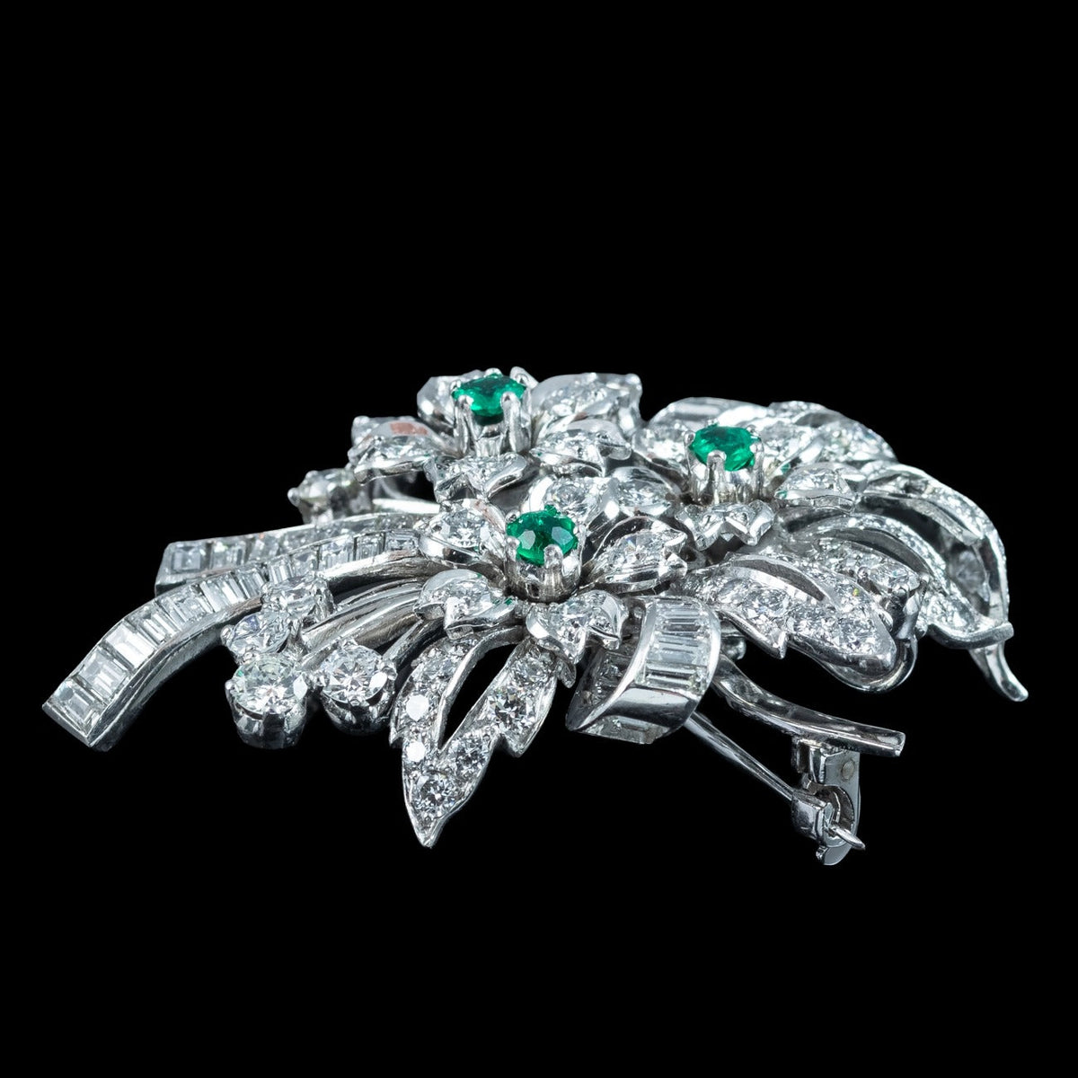 Vintage Spray Brooch And Earrings Suite Diamond Emerald Platinum With Box