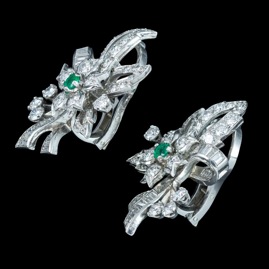 Vintage Spray Brooch And Earrings Suite Diamond Emerald Platinum With Box