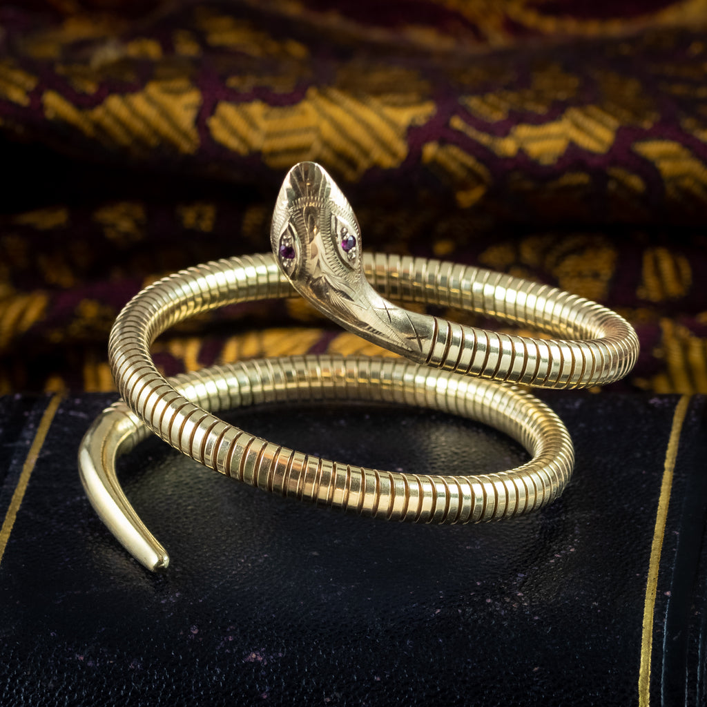 Vintage Style Snake Bangle Ruby Eyes 9ct Gold 