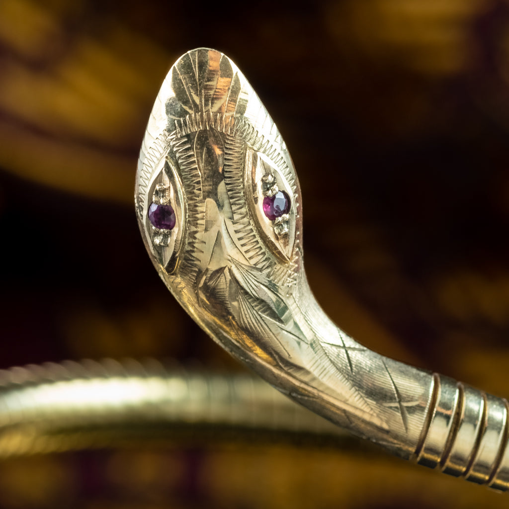 Vintage Style Snake Bangle Ruby Eyes 9ct Gold 