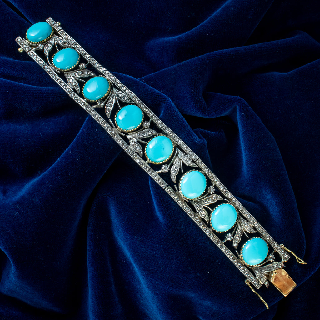 Vintage Turquoise Diamond Bracelet Silver 18ct Gold 7ct Diamond 