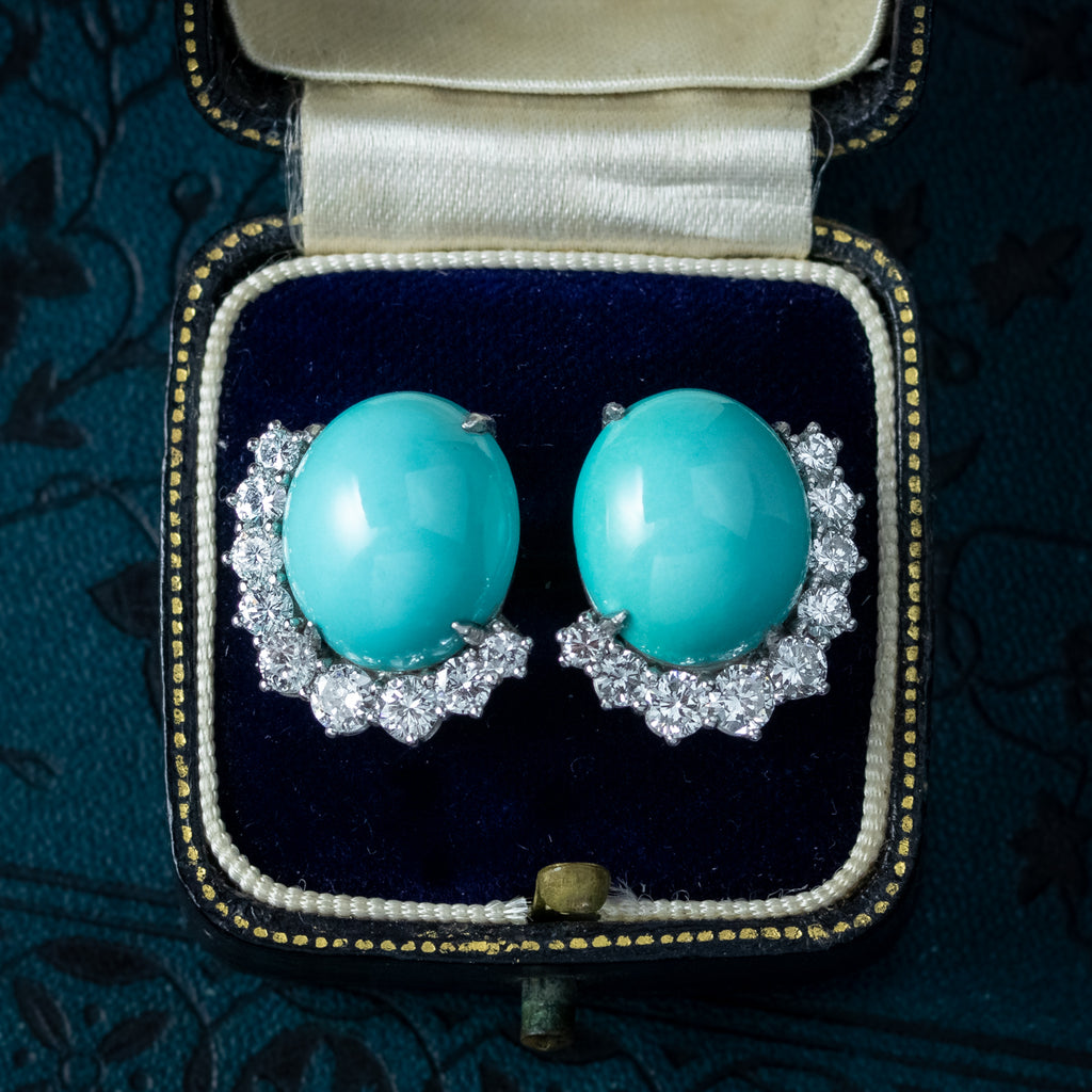 Vintage Turquoise Diamond Stud Earrings 18ct Gold 