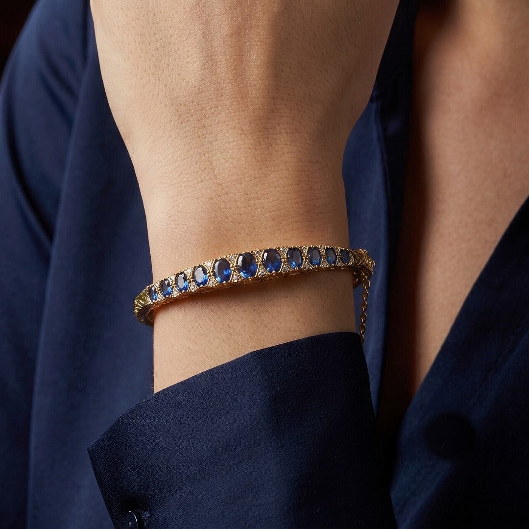 Vintage Victorian Revival Blue Sapphire Diamond Bangle 18ct Gold Secondary image