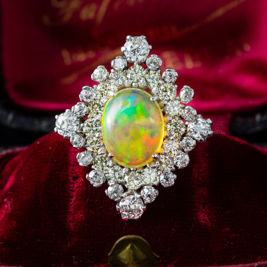Vintage Opal Diamond Cluster Cocktail Ring 2.5ct Natural Jelly Opal 