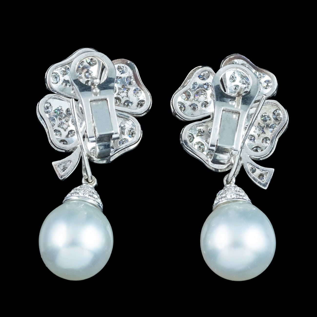 Vintage Diamond Pearl Drop Earrings Platinum Clovers 3.6ct Diamond