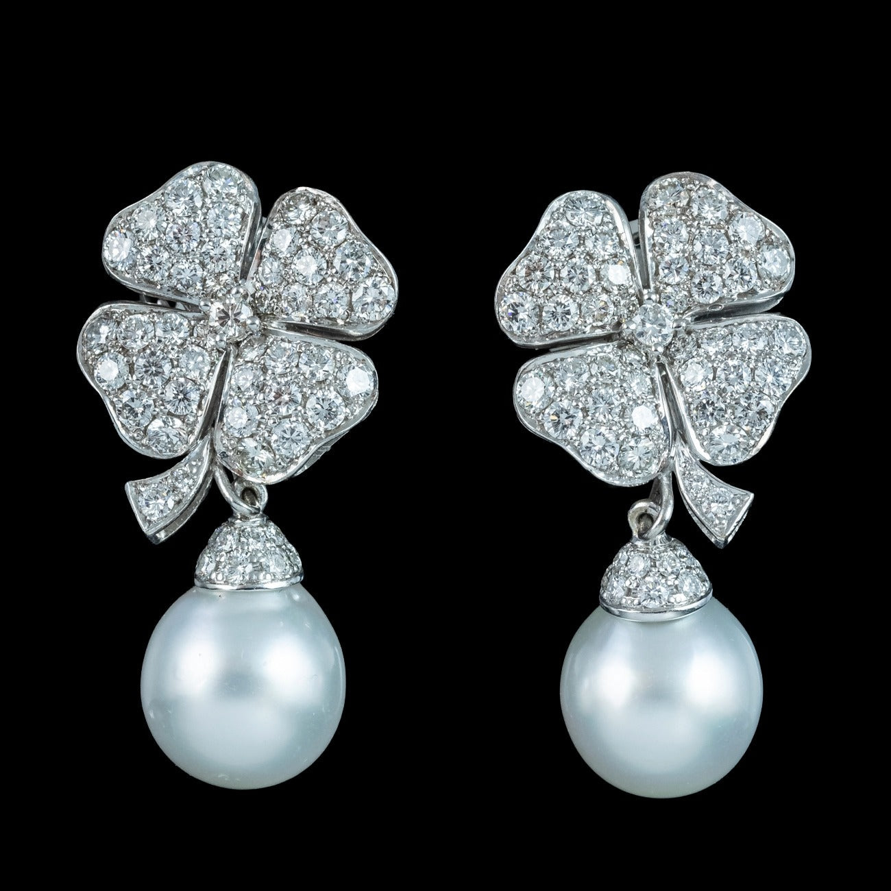 Vintage Diamond Pearl Drop Earrings Platinum Clovers 3.6ct Diamond
