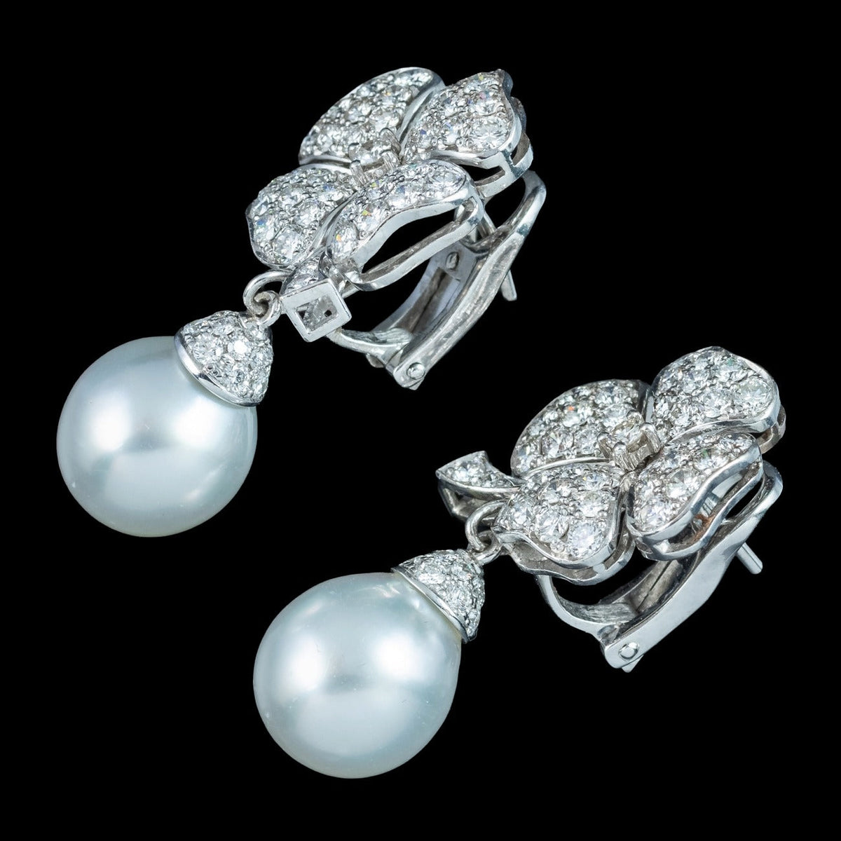 Vintage Diamond Pearl Drop Earrings Platinum Clovers 3.6ct Diamond