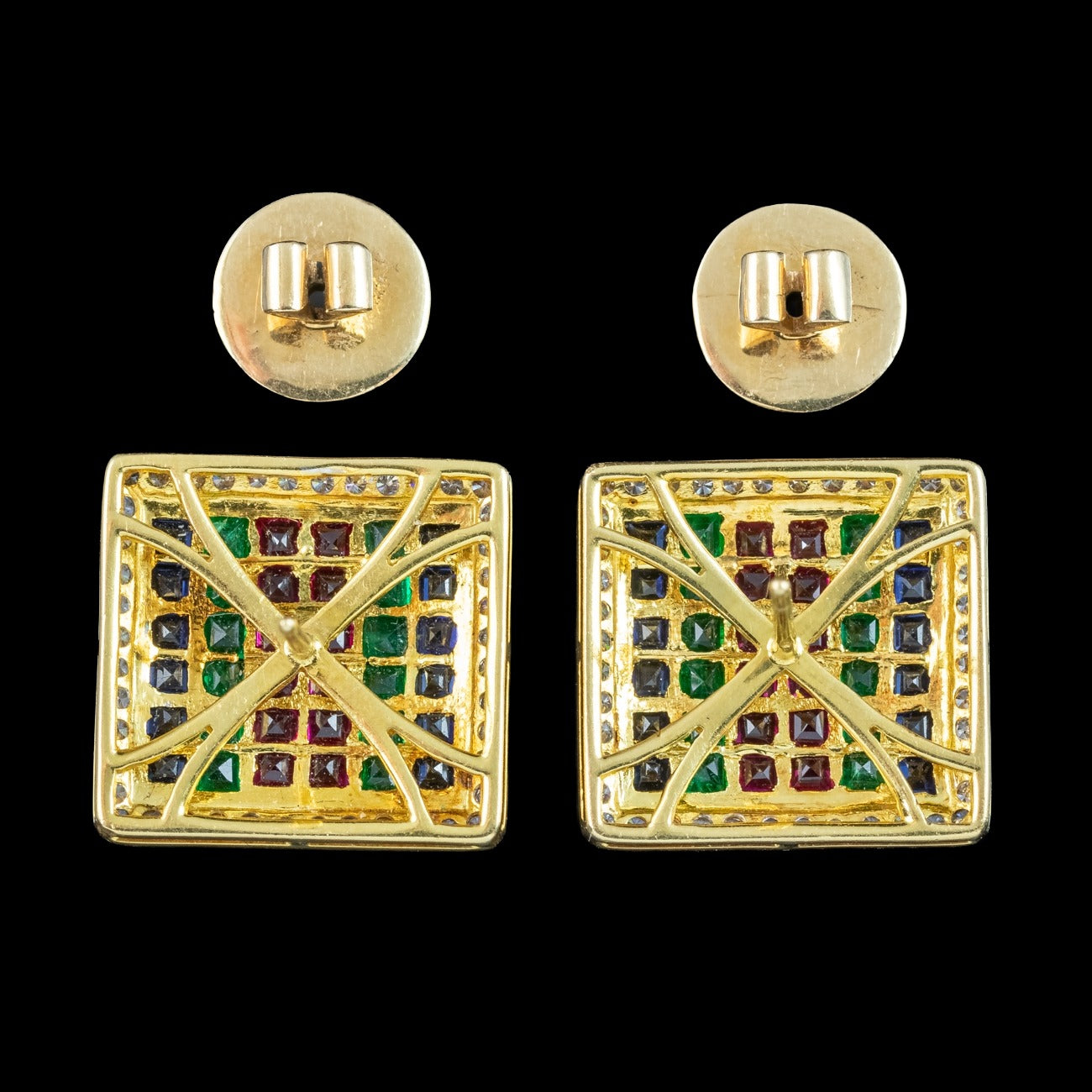 Vintage Tutti Frutti Cluster Earrings Emerald Sapphire Ruby Diamond 18ct Gold
