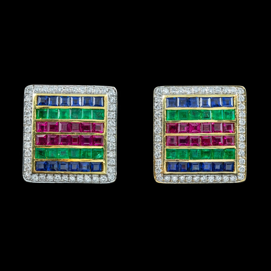 Vintage Tutti Frutti Cluster Earrings Emerald Sapphire Ruby Diamond 18ct Gold