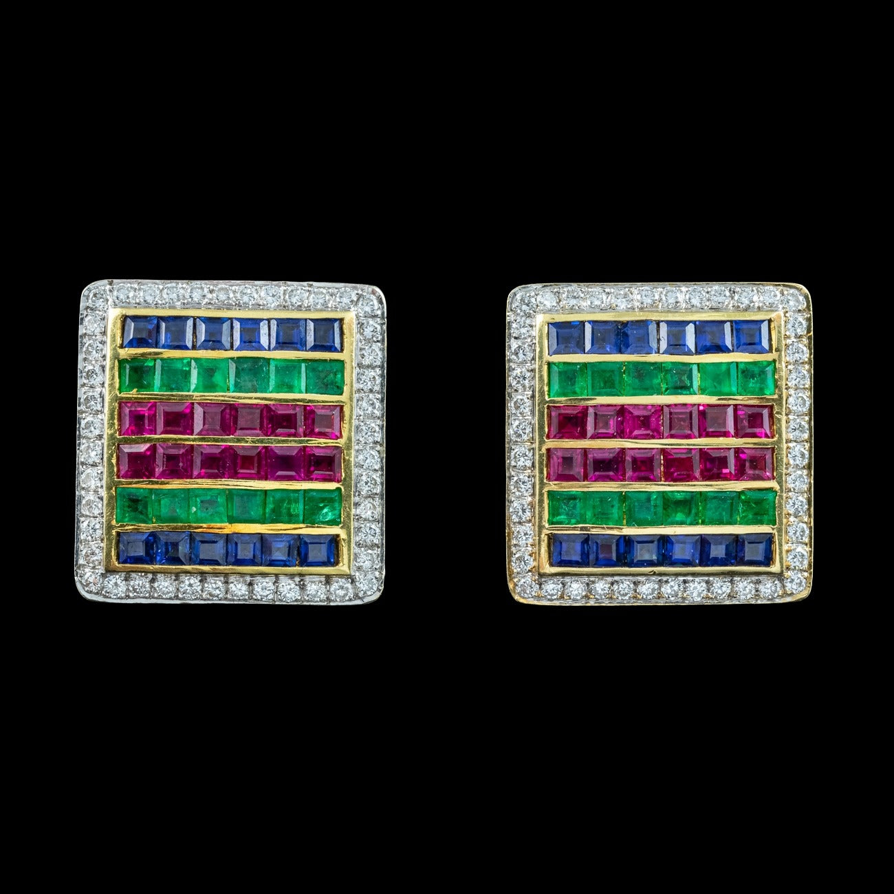 Vintage Tutti Frutti Cluster Earrings Emerald Sapphire Ruby Diamond 18ct Gold