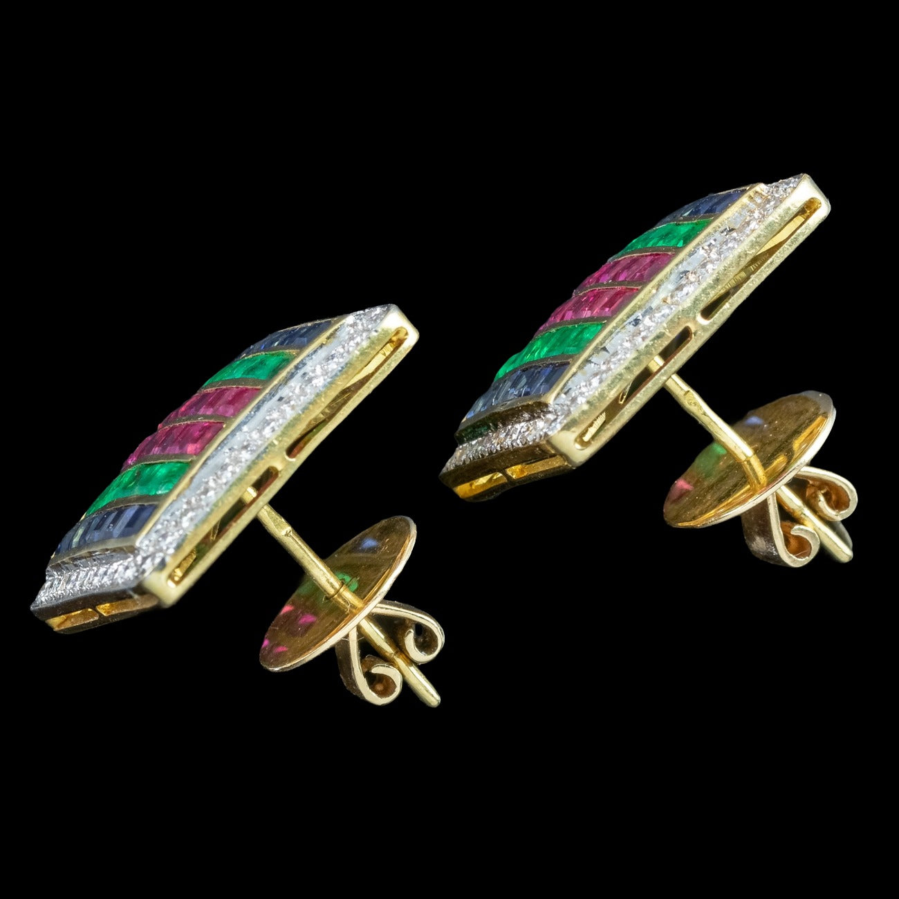 Vintage Tutti Frutti Cluster Earrings Emerald Sapphire Ruby Diamond 18ct Gold