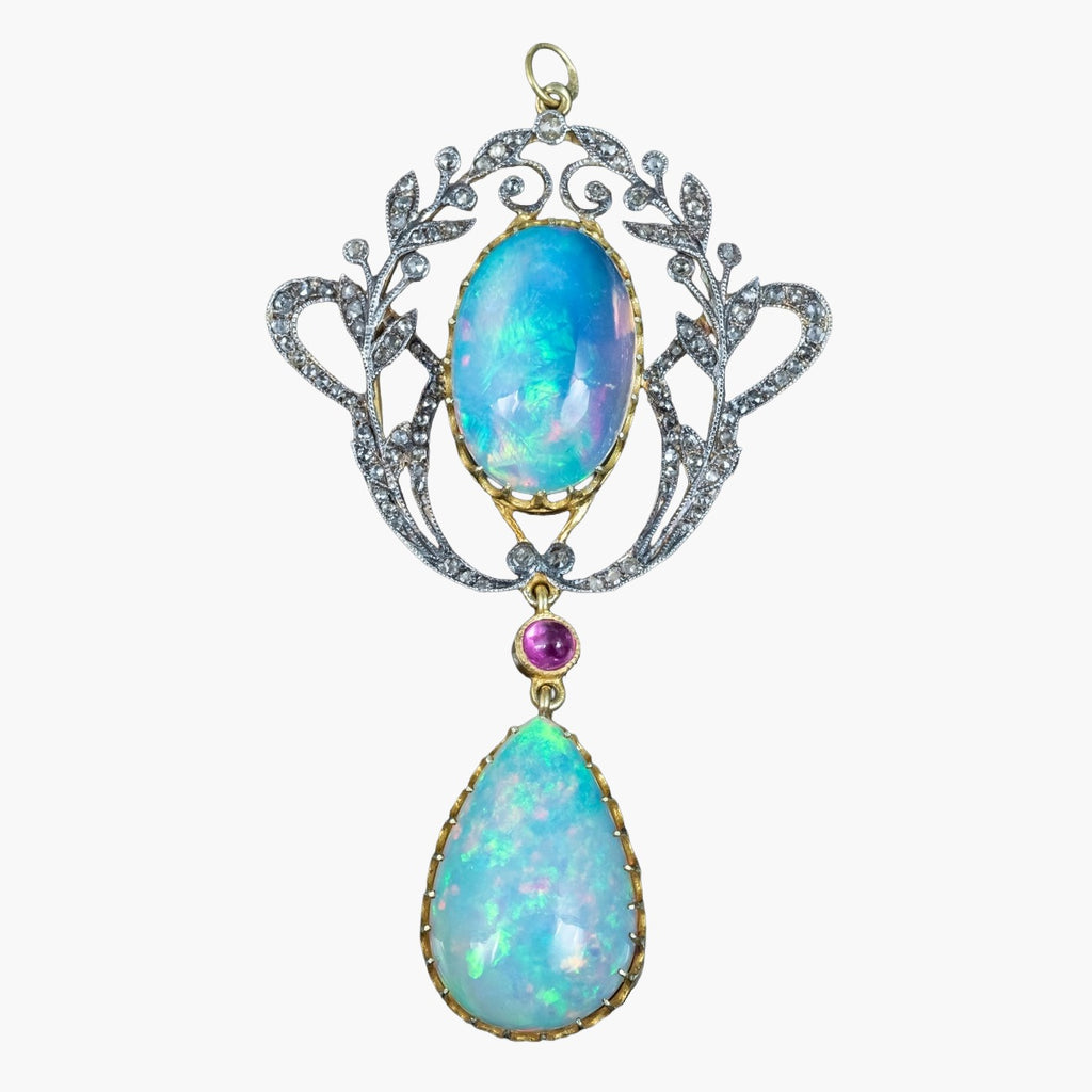 Vintage Opal Diamond Ruby Pendant Silver Gold With Box